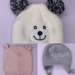 Bundle 3x Baby Beanie Winter Hats Teddy Bear Ear Toshi Pom Poms Pink Grey White - Picture 1 of 13