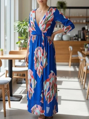 Everly Dress Maxi Dress SMALL MULTICOLOR  3/4 Sleeve High Waist V-neck Boho - Image 1 of 4