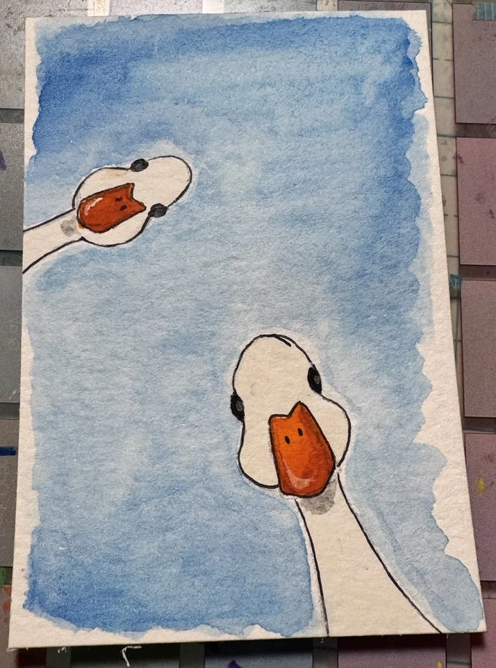 Tarjeta de Arte ACEO Pintura Acuarela Original, ¡Hola! Arte ganso ganso , 2,5" x 3,5" Foto 1 de 1