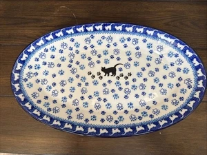 POLNISCHE KERAMIK SCHWARZE KATZE UND PFOTE Platte BOLESLAWIEC POLEN - Bild 1 von 9