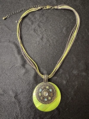 Lia Sophia Necklace Antique Gold Tone Rhinestone Pendant Brown/Green Cord - Image 1 of 4