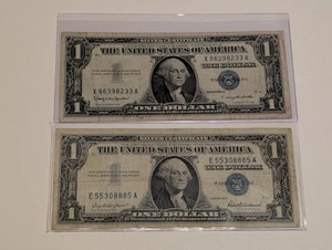 US Two, One Dollar, 1957, 1957B, $1 Silver Certificates, Blue Seal  - Picture 1 of 2