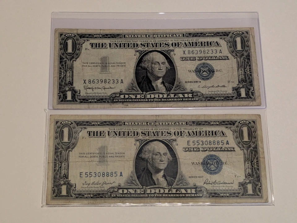 US Two, One Dollar, 1957, 1957B, $1 Silver Certificates, Blue Seal  - Image 1 of 2