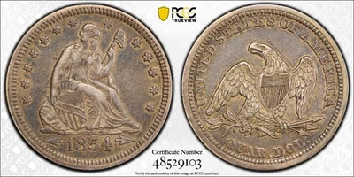 1854 Arrows Liberty Seated Silver Quarter, Nice Original Patina, PCGS XF45 - Image 1 of 2