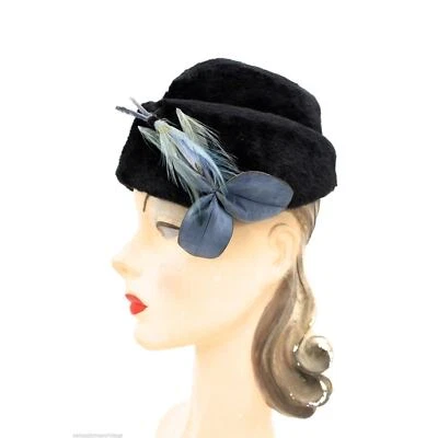 James Campbell VTG Hat Black Mousse Leather Leaves Feathers 1950s + Hat box - Image 1 of 4