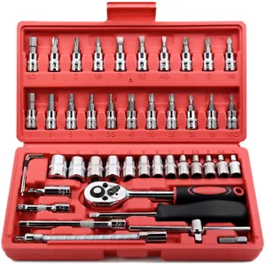 46 PCS 1/4 inch Drive Socket Ratchet Wrench Set With Bit Socket Set Storage Case - Picture 1 of 7