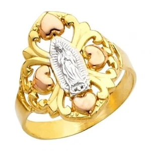14K Tri Colored Gold Hearts Ring Virgin Mary Virgen de Guadalupe Anillo de Oro - Picture 1 of 1