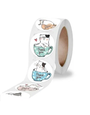 Cute Cats THANK YOU 500 count/roll Round Stickers 1”inch diameter 6 designs. - Imagem 1 de 3