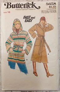 BUTTERICK 5658 Pattern VTG 70s UNCUT Retro Front-wrap Coat Jacket Hood Misses 16 - Picture 1 of 7