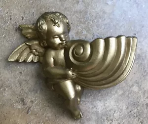Vintage Burwood Gold Angel Cherub Resin Wall Pocket Planter 2879-1,   8 x 7 x 2" - Picture 1 of 9