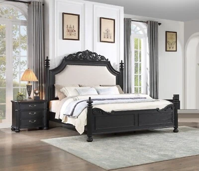 Juego de 2 mesitas de noche tradicionales de 3 piezas con panel tapizado tamaño king acabado marrón Foto 1 de 4