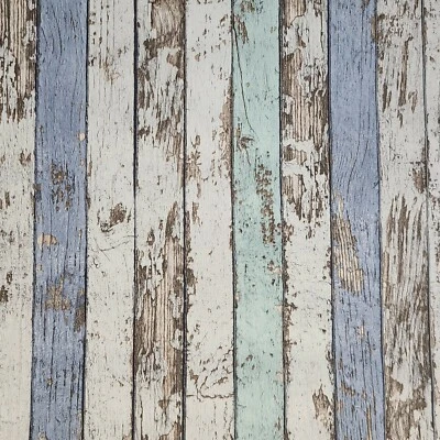 Wallpaper textured Worn distressed white blue wallcoverings faux wood planks 3D - Image 1 of 4