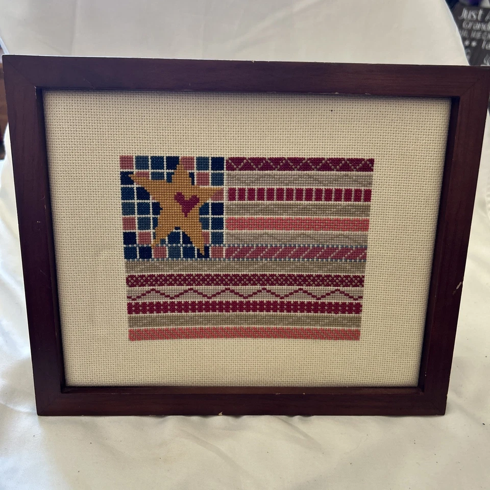 Folk Art Flag  cross stitch project on canvas stars & stripes Patriotic Framed - Image 1 of 4