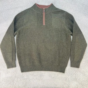 L.L.Bean Mens Waterfowl Sweater 100% Merino Lambs Wool 1/4 Zip Reg Green Ribbed - Picture 1 of 8
