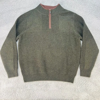 L.L.Bean Mens Waterfowl Sweater 100% Merino Lambs Wool 1/4 Zip Reg Green Ribbed - Image 1 of 4