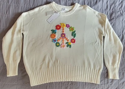 Minnie Rose Sweater Womens Medium Peace Sign Floral Embroidered Knit Pullover - Image 1 of 4