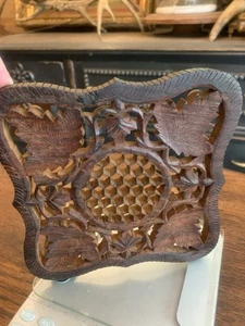 MCM Carved Leaves Dark Wooden Trivet Teak Wood Plant Pot Stand Made India - Picture 1 of 11