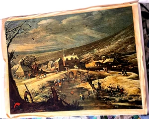 Vintage Leinwand Oleographie Reproduktion Landschaft mit Schlittschuhläufern Museo del Prado - Bild 1 von 5