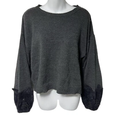 Rivet & Surge Grey Cropped Sweater Fuzzy Kitty Cat Cuff Sleeves M - Image 1 of 4