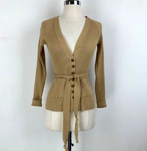 Vintage Women's Sweater Cardigan Medium Tan Ribbed Knit Button Front Preppy Y2K - Picture 1 of 16