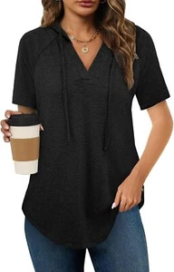 Women's Summer Short Sleeve Hoodie, Casual Loose Tunic Sweatshirt, Fashion Top. - Picture 1 of 6
