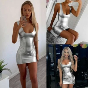 Women Sexy Bodycon Tight Mini Pencil Short Dress Wet Look Party Night Club Wear - Picture 1 of 9
