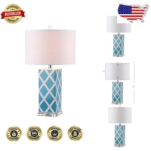 Elegant 27-Inch Light Blue Ceramic Table Lamp with Cotton Shade and USB Port - Picture 1 of 6