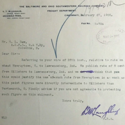 Antique Letterhead Baltimore And Ohio Southwestern Railroad Co Cincinnati 1906 - Image 1 of 4