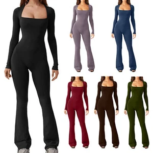 Long Sleeve Jumpsuits Women Yoga Workout Bodycon Square Neck Full Length Romper - Picture 1 of 34