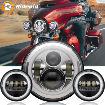 For Harley Davidson Heritage Softail Classic 7"LED Headlight Halo Fog Lights SET - Image 1 of 4