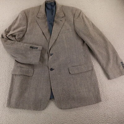 Savile Row Jacket L LT Blue Brown Houndstooth Check 100% Silk Matka Blazer 44L - Image 1 of 4