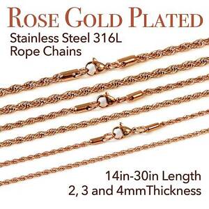 Rose Gold Plated Stainless Steel 316L 2mm 3mm 4mm Rope Chain Necklace 14in-30in