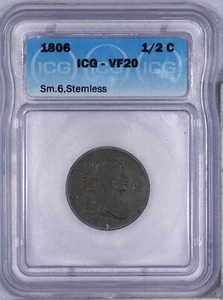 1806 Draped Bust Half Cent 1/2c H1c ICG VF20 - Small 6 - Stemless - Picture 1 of 4