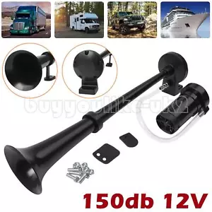 150db 12V Black Super Loud Single Trumpet Air Horn Kit Truck Lorry Boat Train - Picture 1 of 14