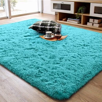 Teal Blue 4X6 Feet Fluffy Area Rug Soft Faux Fur Non Slip Bedroom Living Room - Image 1 of 4