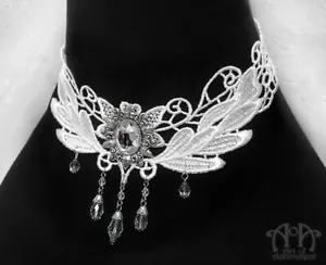 Bridal WHITE LACE BEADED CHOKER Necklace Antique Silver Victorian Clear Crystal - Bild 1 von 3