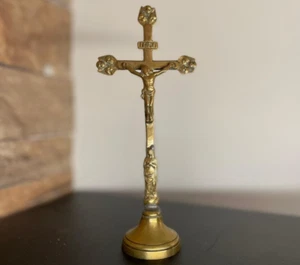 Antique Small Brass Cross Standing Crucifix Table Jesus Christ Handmade 19th⭐ - Picture 1 of 9