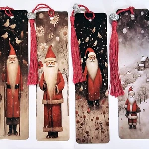 Cute Metal Holiday Christmas Santa Claus Bookmarks With Tassle & Bead - Picture 1 of 6