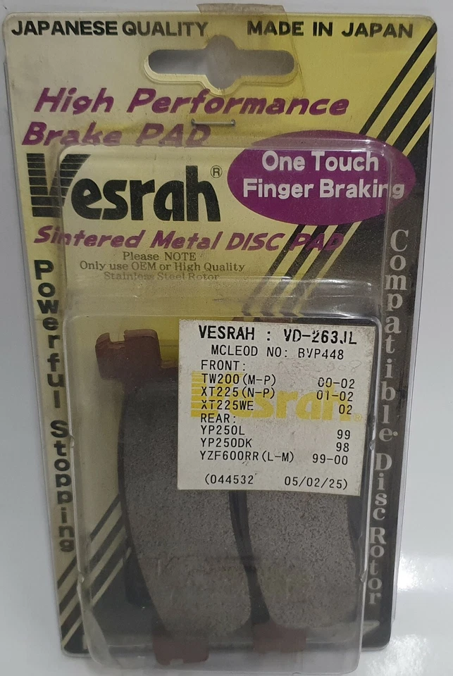 Vesrah VD-263JL Sintered Brake pads Yamaha TW200 XT225 YP250 YZF600 FA275 - Image 1 of 1
