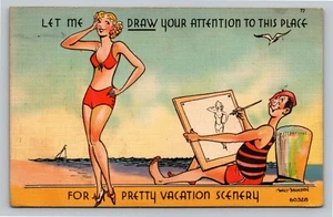 Badeschönheit Strand Mann Malerei schöne Landschaft Humor Vintage unbenutzte Postkarte - Bild 1 von 2