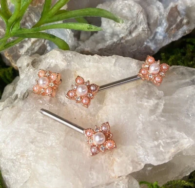 PAIR Pearl & Crystal Paved Flower Ends Nipple Rings Shields Vintage Barbells - Image 1 of 2