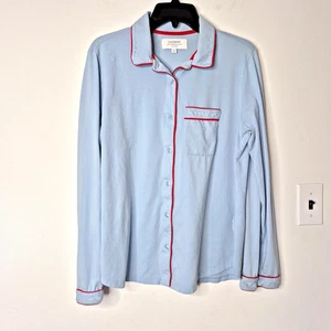 Pigiama top camicia donna La Ligne taglia media blu pallido rosso piping cotone morbido - Foto 1 di 10