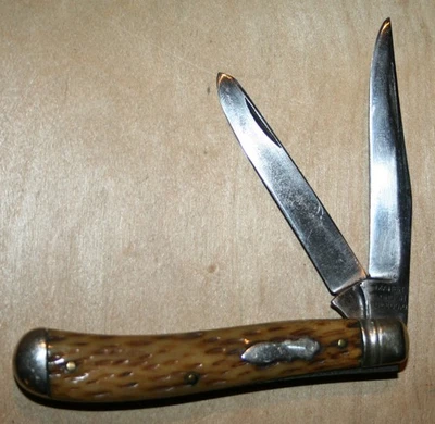 Vintage MAHER & GROSH 2 Blade Peach Seed Bone Handle Trapper Knife TOLEDO OH USA - Image 1 of 4