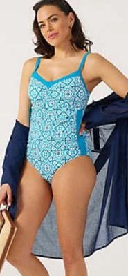 RUTH LANGSFORD SIZE 18 BLUE GEO CONTRAST PANEL SWIMSUIT BNWT - Image 1 of 2