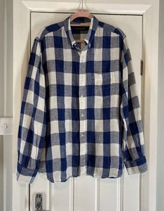 French Connection Mens Linen Shirt Size L Blue Check Button Down Casual Smart - Picture 1 of 13
