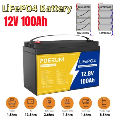POERUNI 100Ah 12V LiFePO4 Lithium Battery 100Ah 1280Wh BMS 8000+ Cycles For Solar Marine