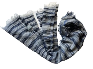 Bufanda envolvente chal a rayas Ellen Fisher con flecos azul gris mezcla de algodón hecha en Italia - Imagen 1 de 6