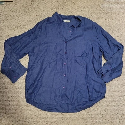 Blusa Saks 5th Avenue 100 % lino abotonada azul oscuro para mujer XL vintage Foto 1 de 4