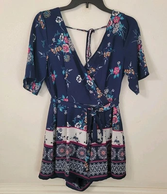 Trixxi女式小号蓝色花卉短袖绑带连身裤  — 第 1/4 张图片