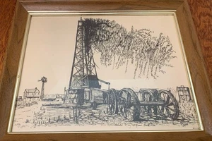 Lithographie signiert "Ricardo" Spindletop Ölquelle gewidmet Ölkönigin J.Hunter - Bild 1 von 5